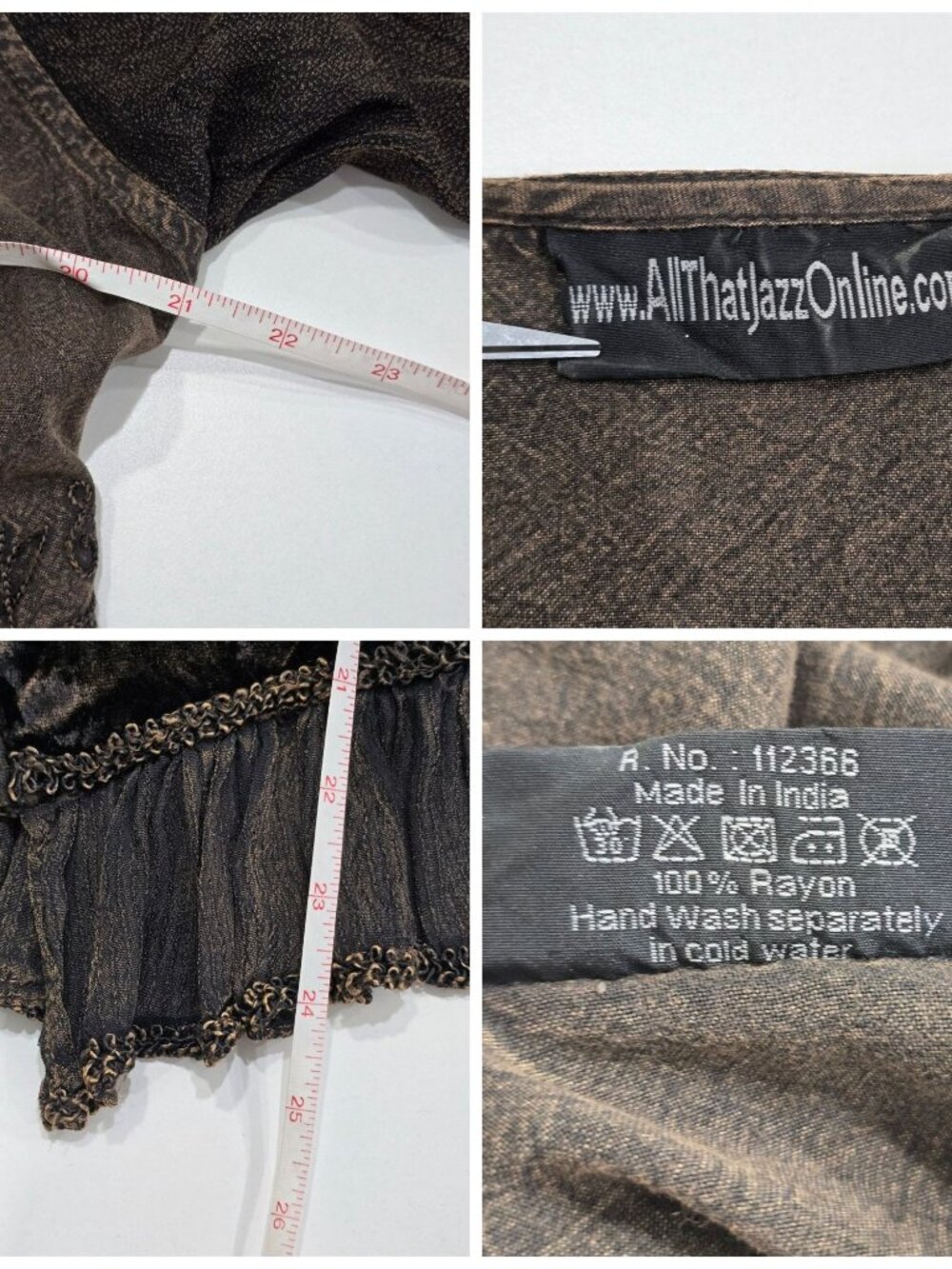 All That Jazz โฆ Velvet Embroidered Brown Boho Blouse โฆ Bell Sleeve Ruffle Hem M - Picture 14 of 15